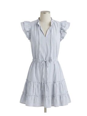 Vineyard Vines Blue and White Stripe Ruffle Sleeve Tie-Waist Dress